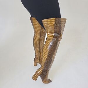 Brown Crocodile Pattern Over-the-Knee Boots